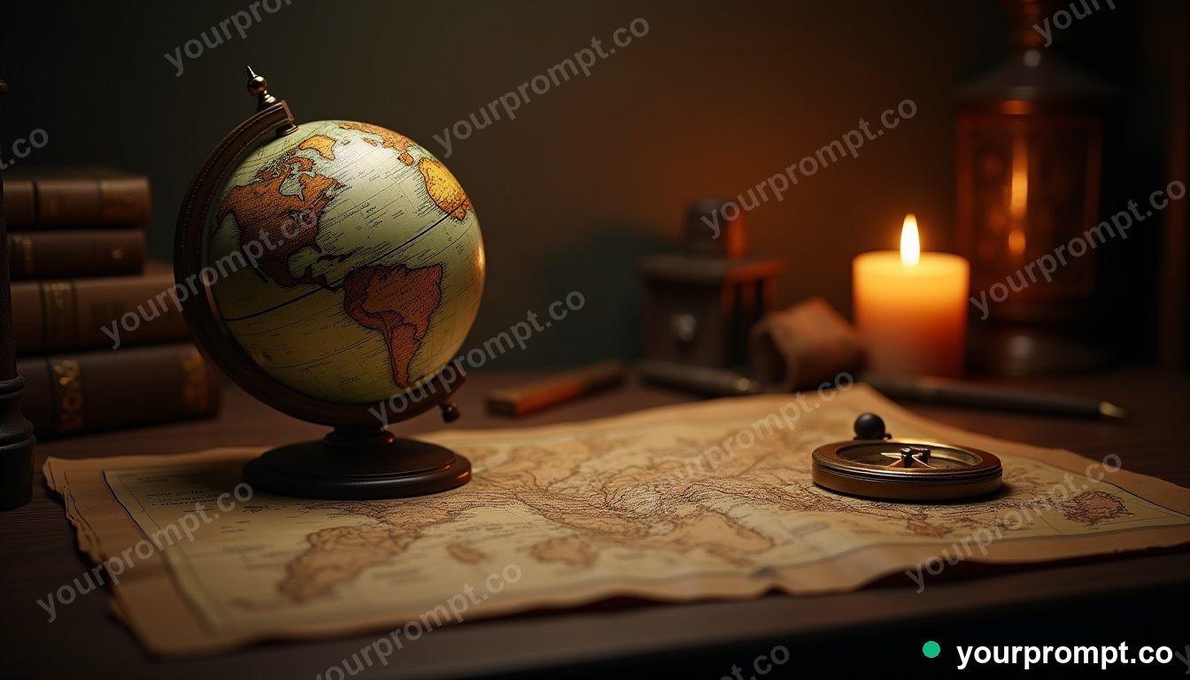 A globe, compass, and old map on a desk in matte concept painting style — AI-generated image from a text prompt