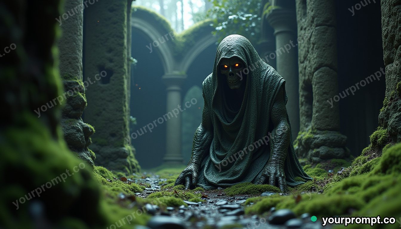 A stone golem awakening in a mossy ruin in studio product photography style — AI-generated image from a text prompt