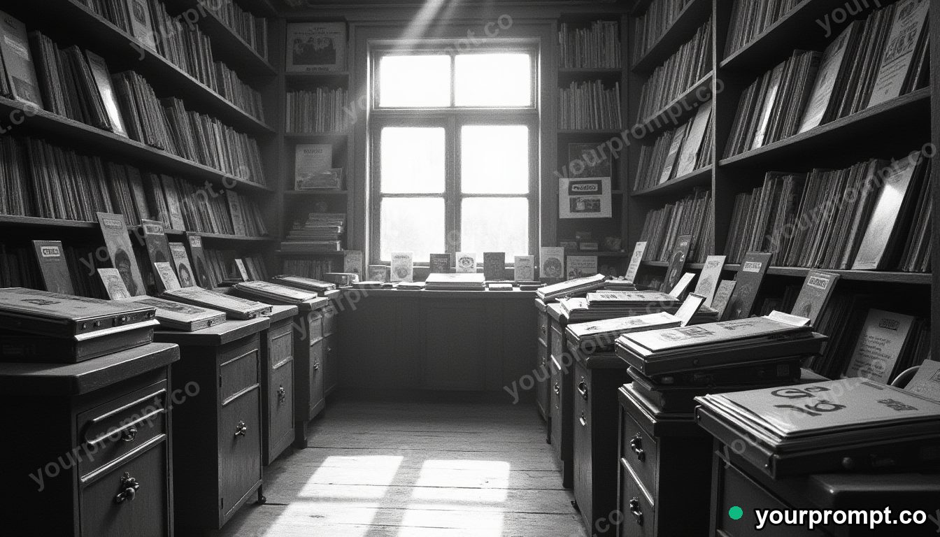A vintage record shop crammed with vinyl in charcoal sketch style — AI-generated image from a text prompt