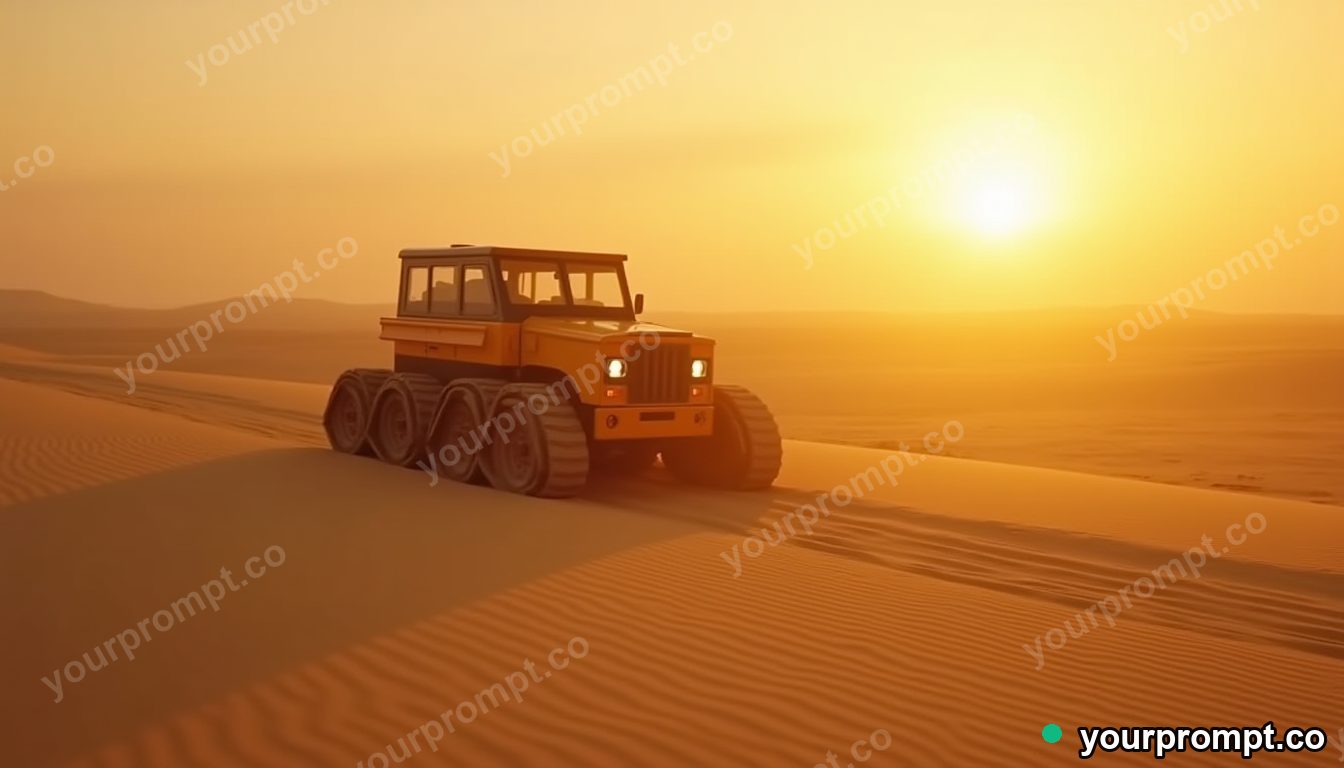 A sand crawler crossing a vast dune sea in golden-hour photography style — AI-generated image from a text prompt