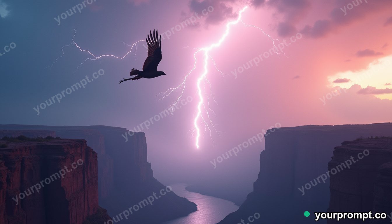 A thunderbird soaring above a canyon storm in dreamy pastel style — AI-generated image from a text prompt