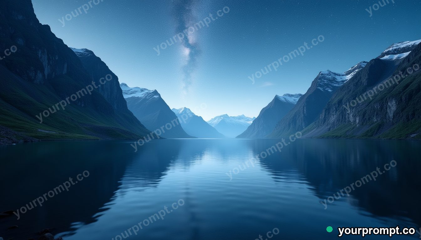 A fjord with mirror-still water and steep cliffs in clean minimalist style — AI-generated image from a text prompt