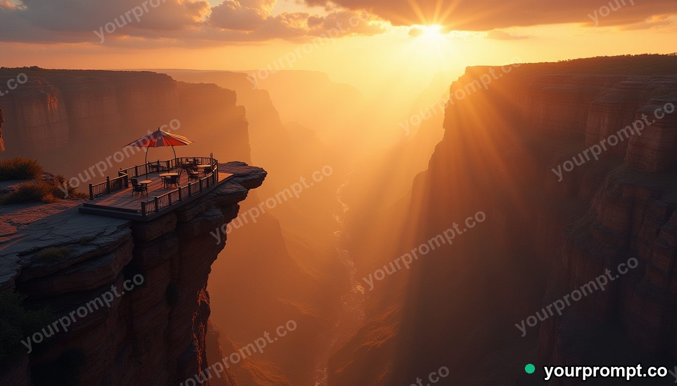 A cliff edge cafe overlooking a galaxy-filled canyon in golden-hour photography style — AI-generated image from a text prompt