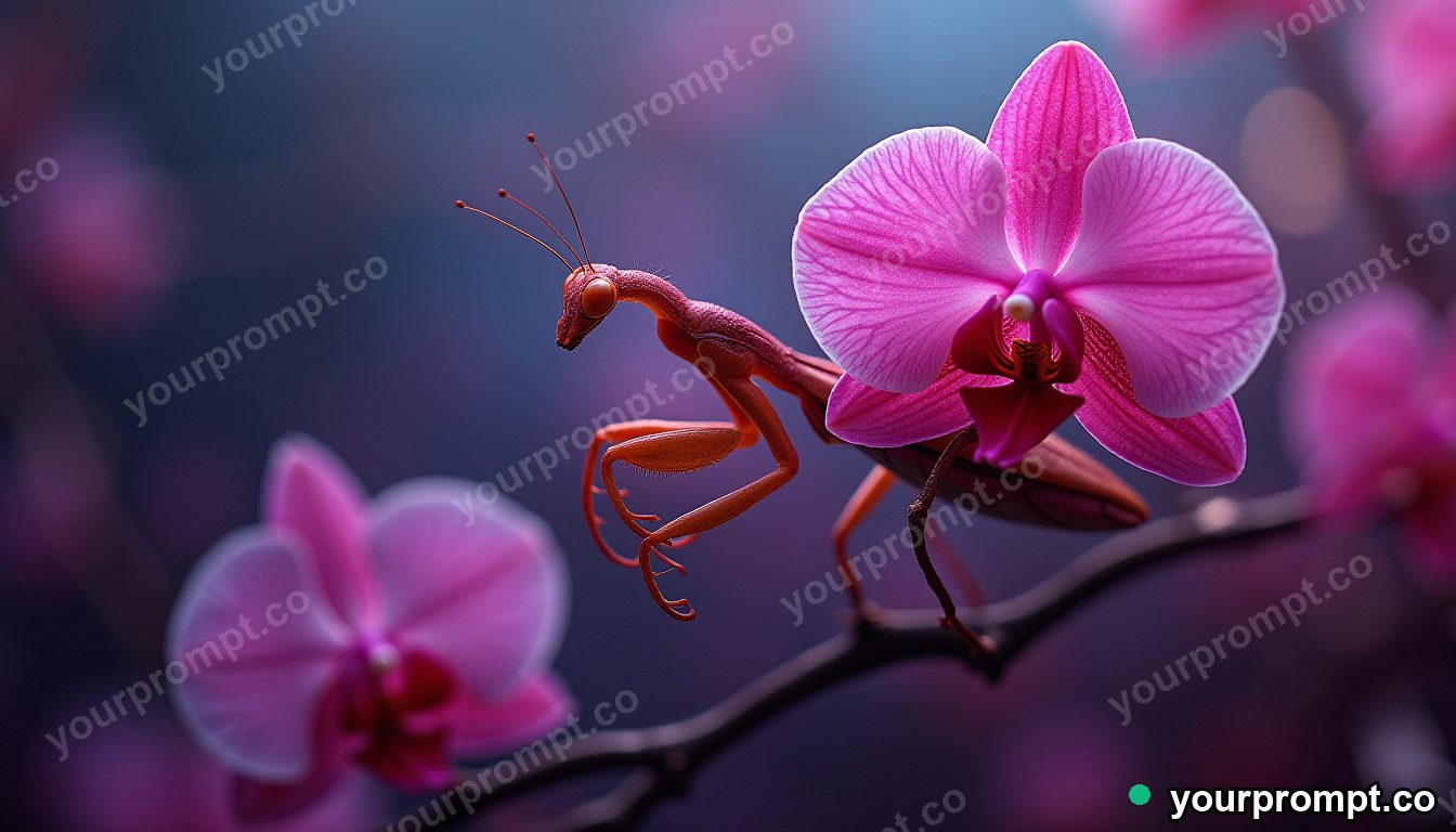 An orchid mantis camouflaged among petals in neon cyberpunk style — AI-generated image from a text prompt
