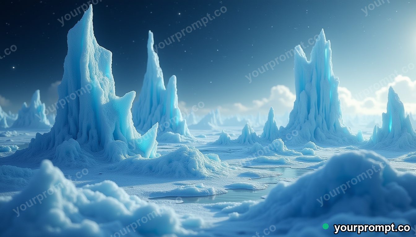 An ice planet with towering frozen geysers in tilt-shift miniature style — AI-generated image from a text prompt
