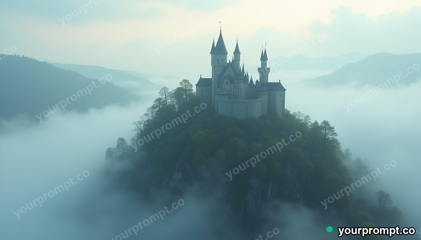 A medieval castle on a foggy mountain peak in claymation stop-motion style — AI-generated image from a text prompt