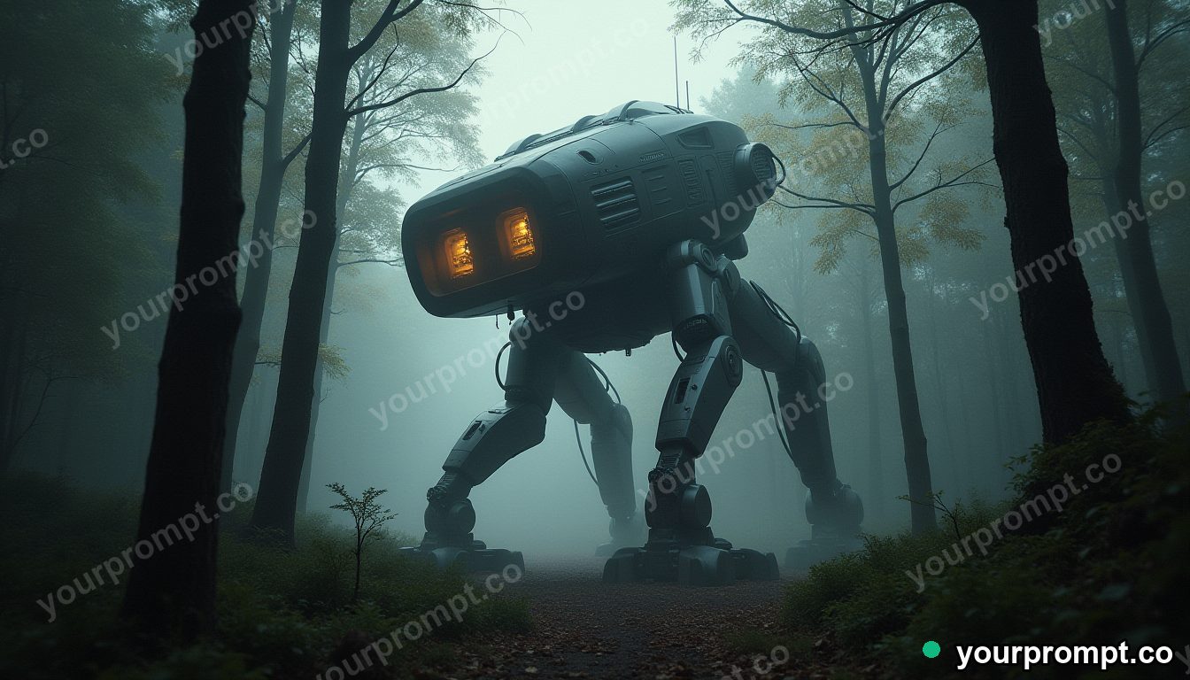 A giant walking mech-house striding through forest in ethereal long-exposure style — AI-generated image from a text prompt