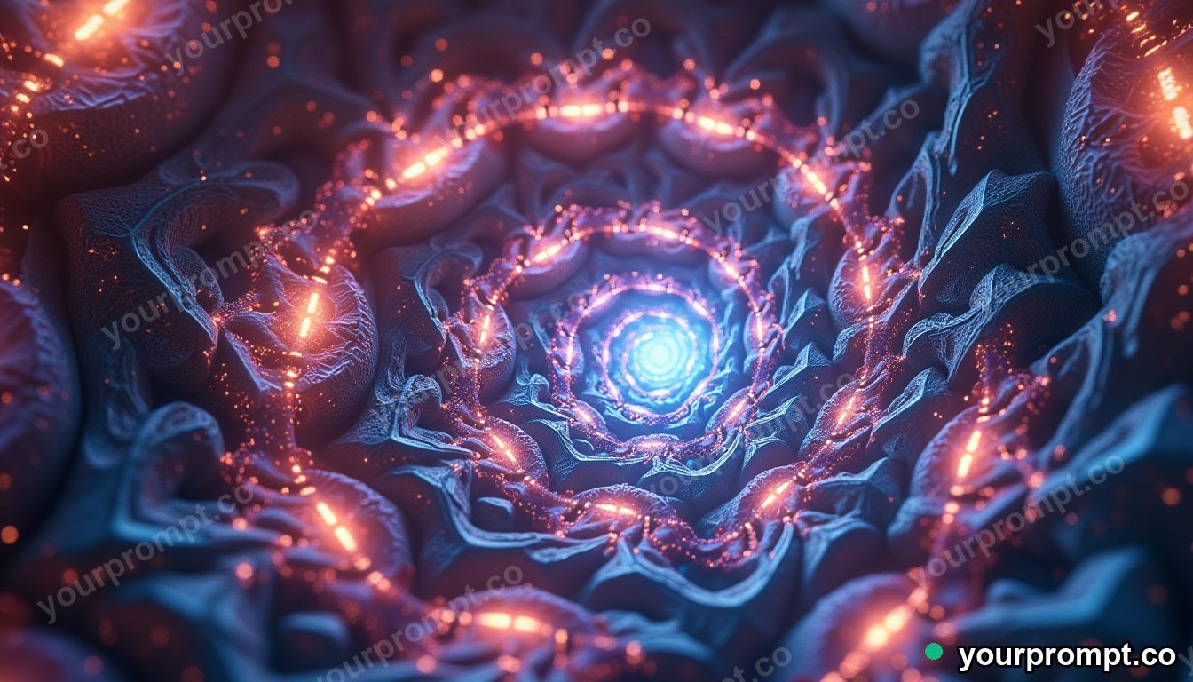 A fractal spiral of glowing geometric shapes in photorealistic style — AI-generated image from a text prompt
