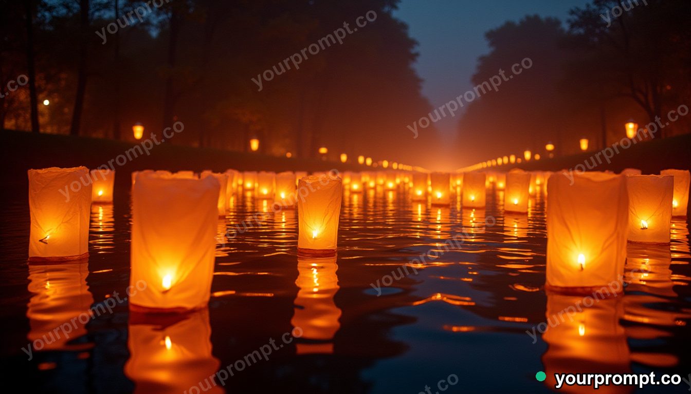 A lantern festival floating glowing lights on a river in golden-hour photography style — AI-generated image from a text prompt
