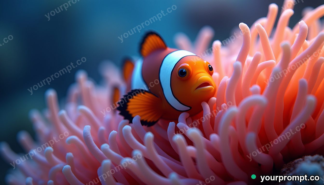 A clownfish nestled in a swaying anemone in claymation stop-motion style — AI-generated image from a text prompt