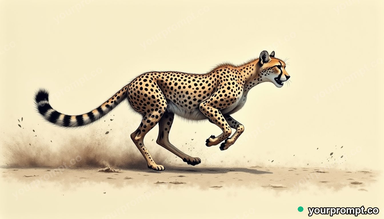 A cheetah mid-sprint kicking up dust in charcoal sketch style — AI-generated image from a text prompt