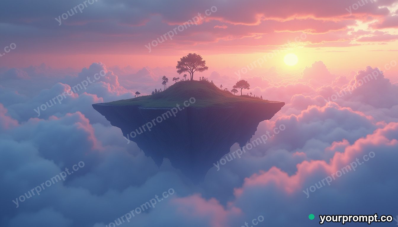 A floating archipelago of islands above a sea of clouds in warm storybook illustration style — AI-generated image from a text prompt