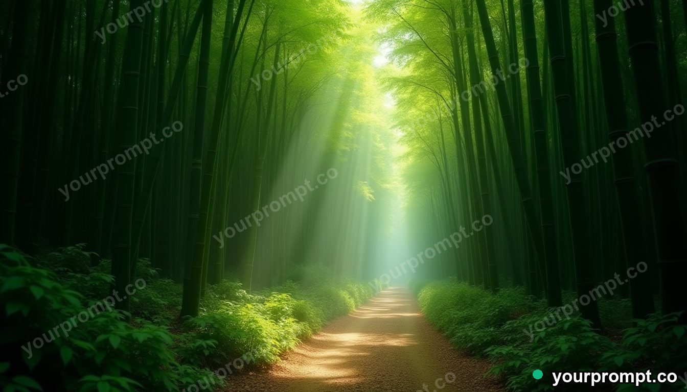 A bamboo forest path in soft green light in studio product photography style — AI-generated image from a text prompt