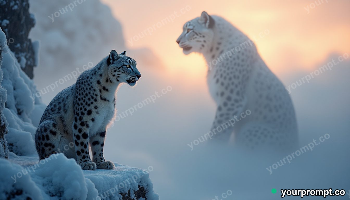 A snow leopard on a frozen cliff at dawn in dramatic chiaroscuro style — AI-generated image from a text prompt