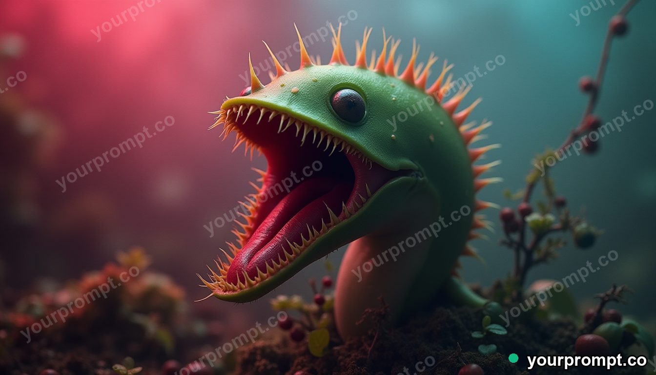 A venus flytrap with open jaws, macro detail in airbrushed retro sci-fi style — AI-generated image from a text prompt