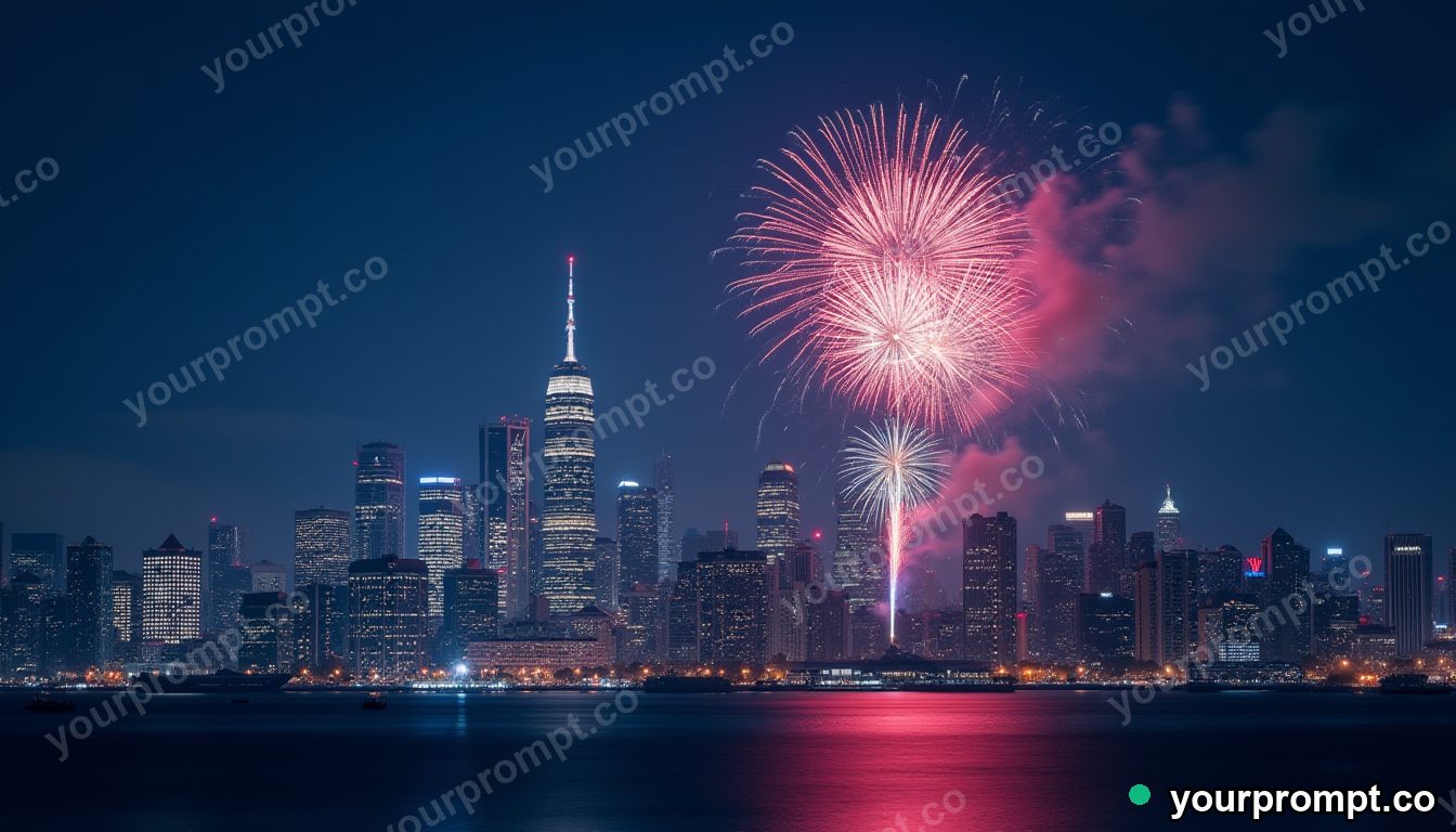 Fireworks bursting over a city skyline at midnight in matte concept painting style — AI-generated image from a text prompt