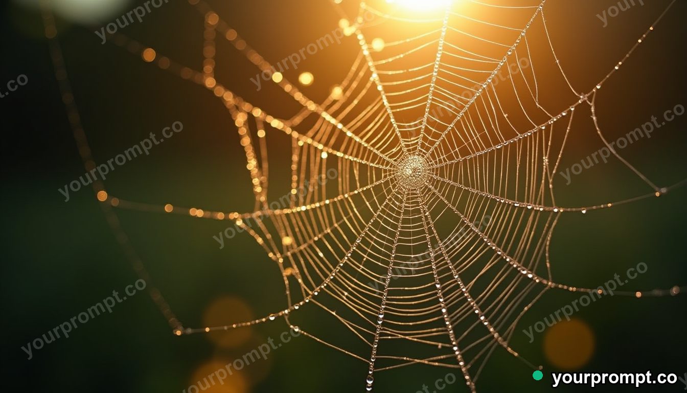 A spider web beaded with morning dew, backlit in tilt-shift miniature style — AI-generated image from a text prompt