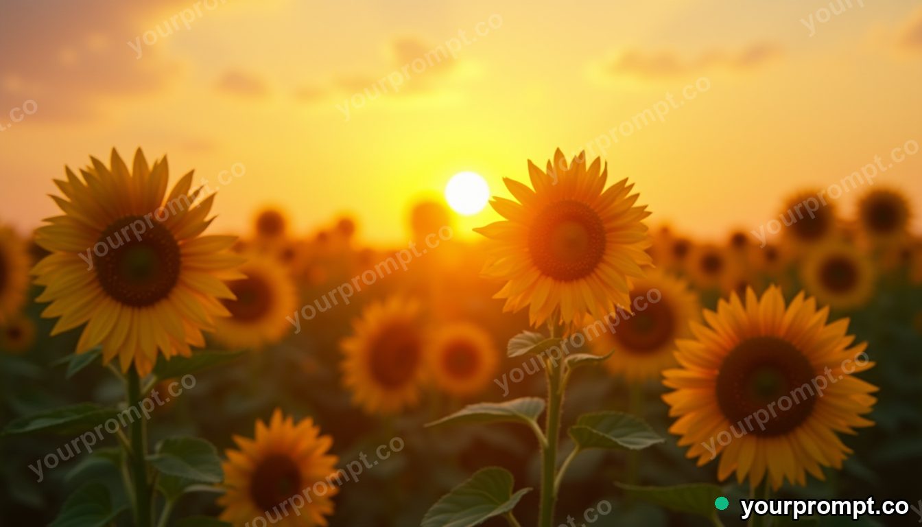 A field of giant sunflowers facing the sun in cinematic film still style — AI-generated image from a text prompt