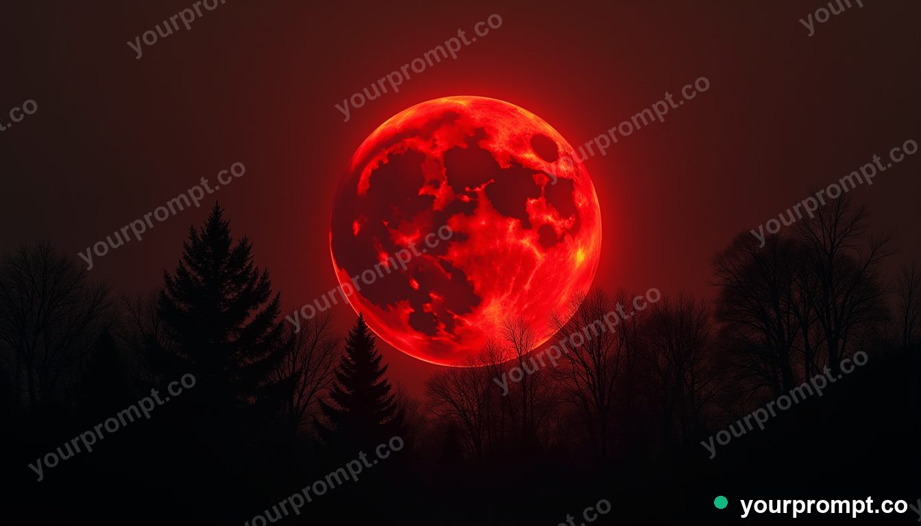 An eerie red blood-moon eclipse over silhouetted trees in charcoal sketch style — AI-generated image from a text prompt