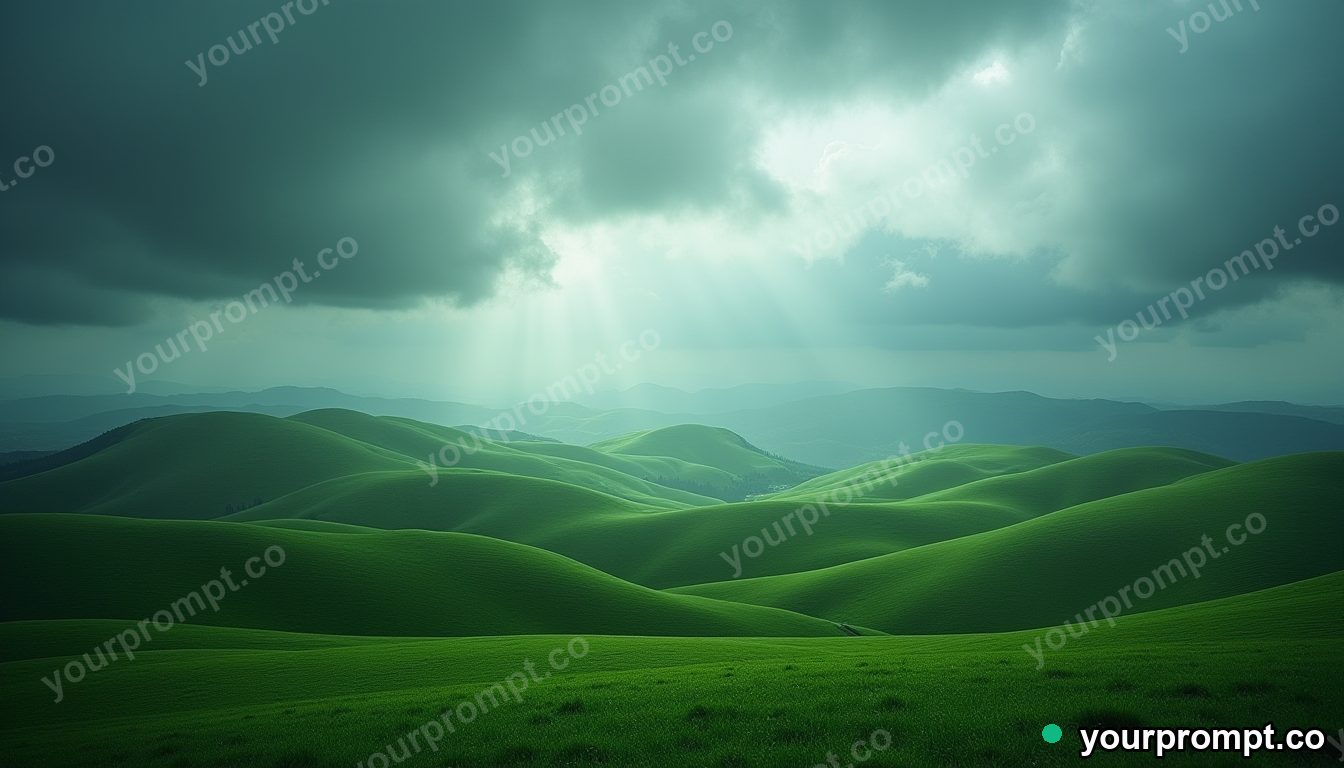 Rolling green hills under a dramatic stormy sky in double-exposure style — AI-generated image from a text prompt