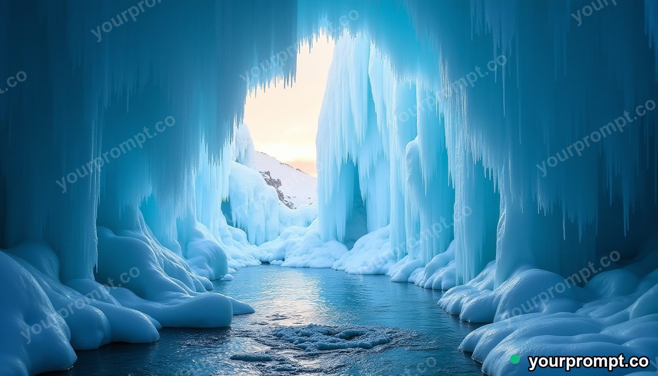 A frozen waterfall inside a blue ice cave in clean minimalist style — AI-generated image from a text prompt