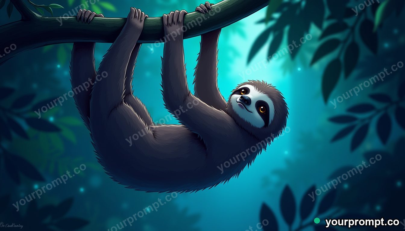 A sloth hanging lazily from a rainforest vine in anime illustration style — AI-generated image from a text prompt