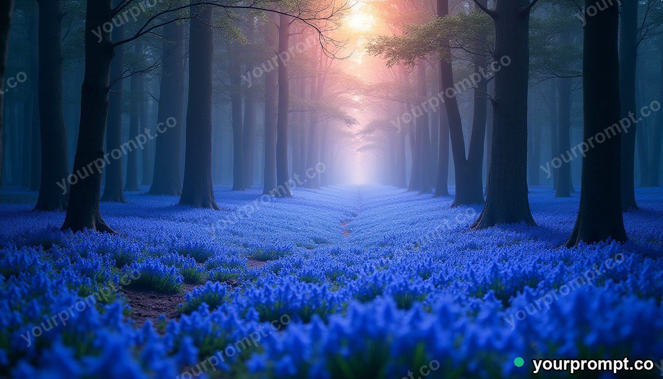 A glowing carpet of bluebells in a spring forest in epic fantasy concept art style — AI-generated image from a text prompt