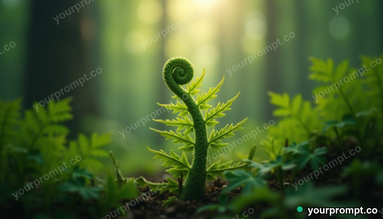 A fern unfurling in dappled forest light in tilt-shift miniature style — AI-generated image from a text prompt