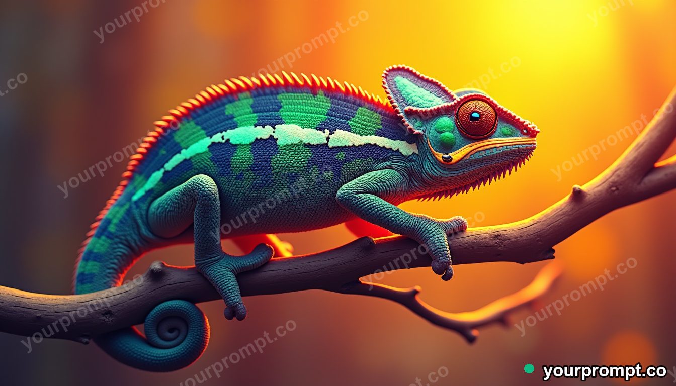 A chameleon curling its tail on a thin branch in bold pop-art style — AI-generated image from a text prompt