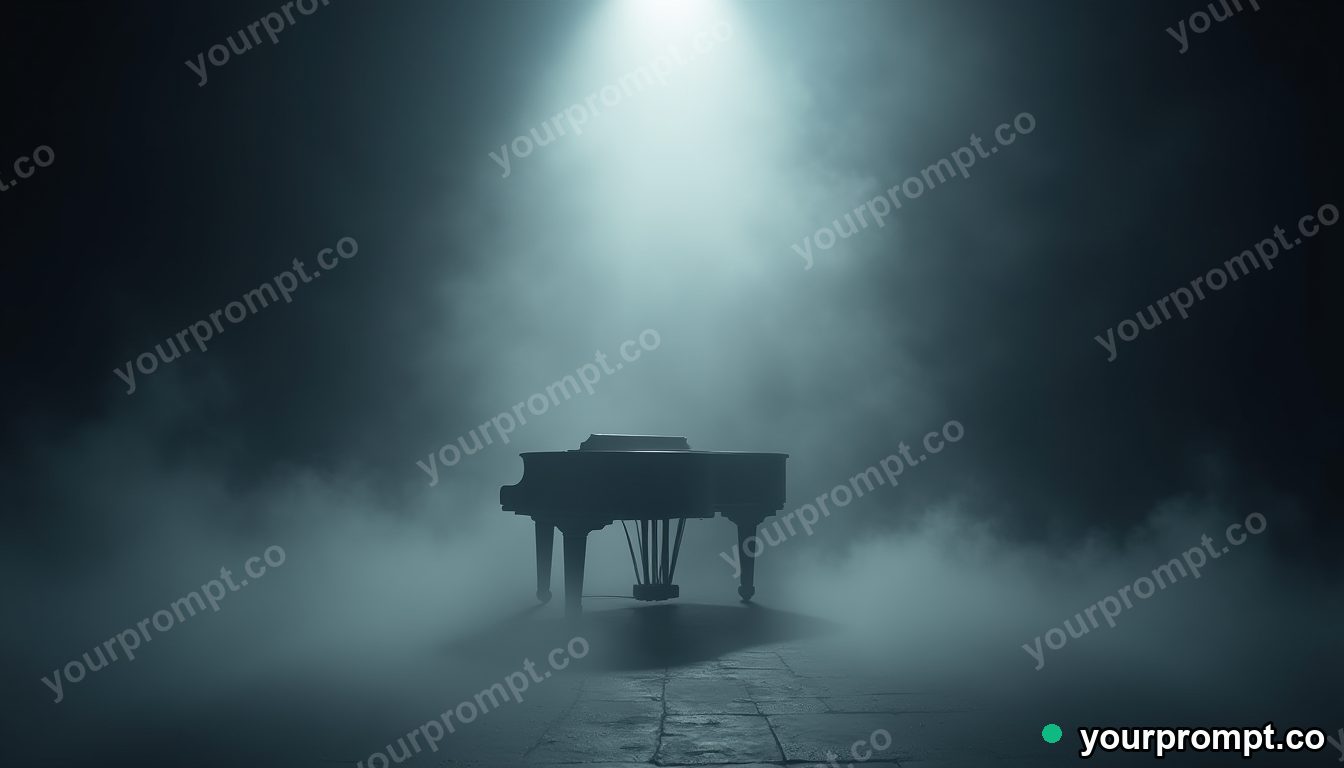A grand piano on a foggy stage under a single spotlight
