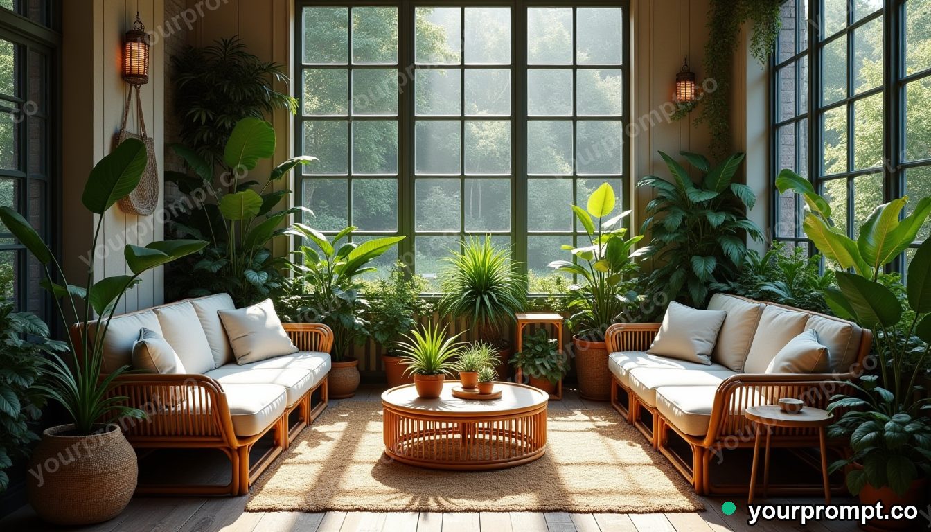 A plant-filled sunroom with rattan furniture in matte concept painting style — AI-generated image from a text prompt