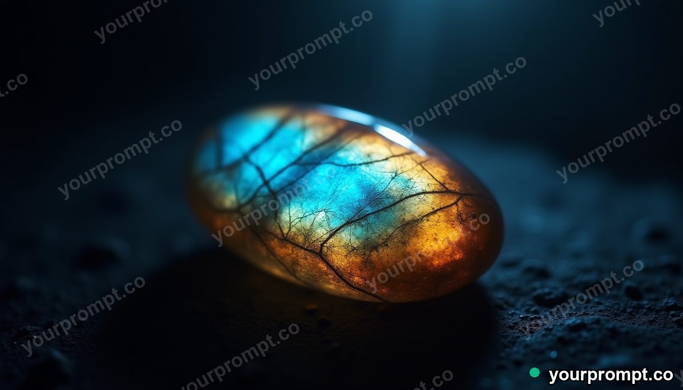 A polished labradorite flashing blue and gold in ethereal long-exposure style — AI-generated image from a text prompt