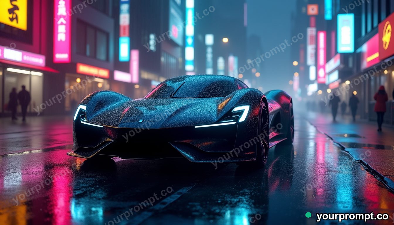 A sleek electric hypercar in a rain-soaked neon city in bold pop-art style — AI-generated image from a text prompt