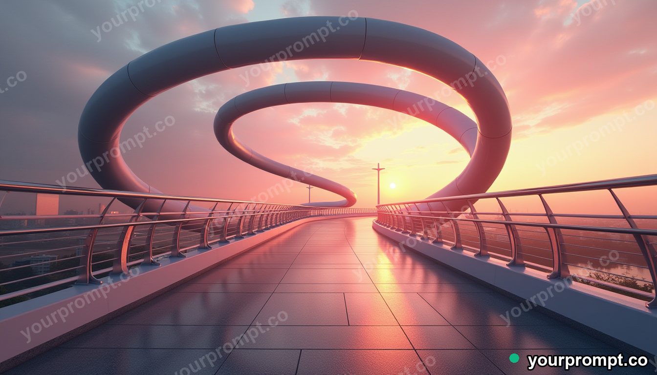 A spiraling modern pedestrian bridge at dusk in surreal digital art style — AI-generated image from a text prompt