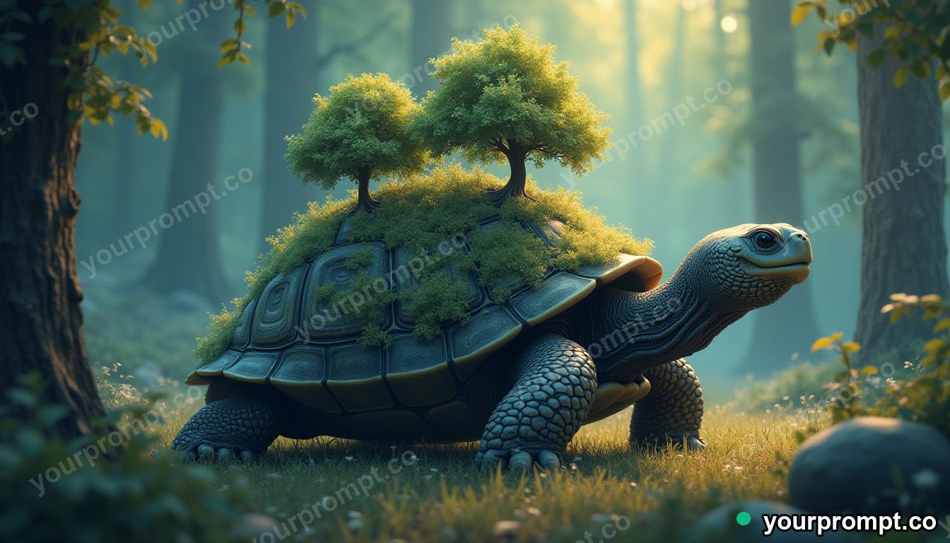 A giant turtle carrying a tiny forest on its shell in warm storybook illustration style — AI-generated image from a text prompt