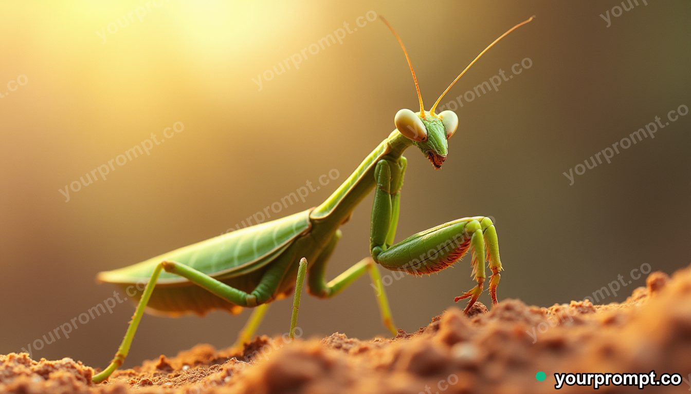 A praying mantis in striking pose, extreme close-up in anime illustration style — AI-generated image from a text prompt