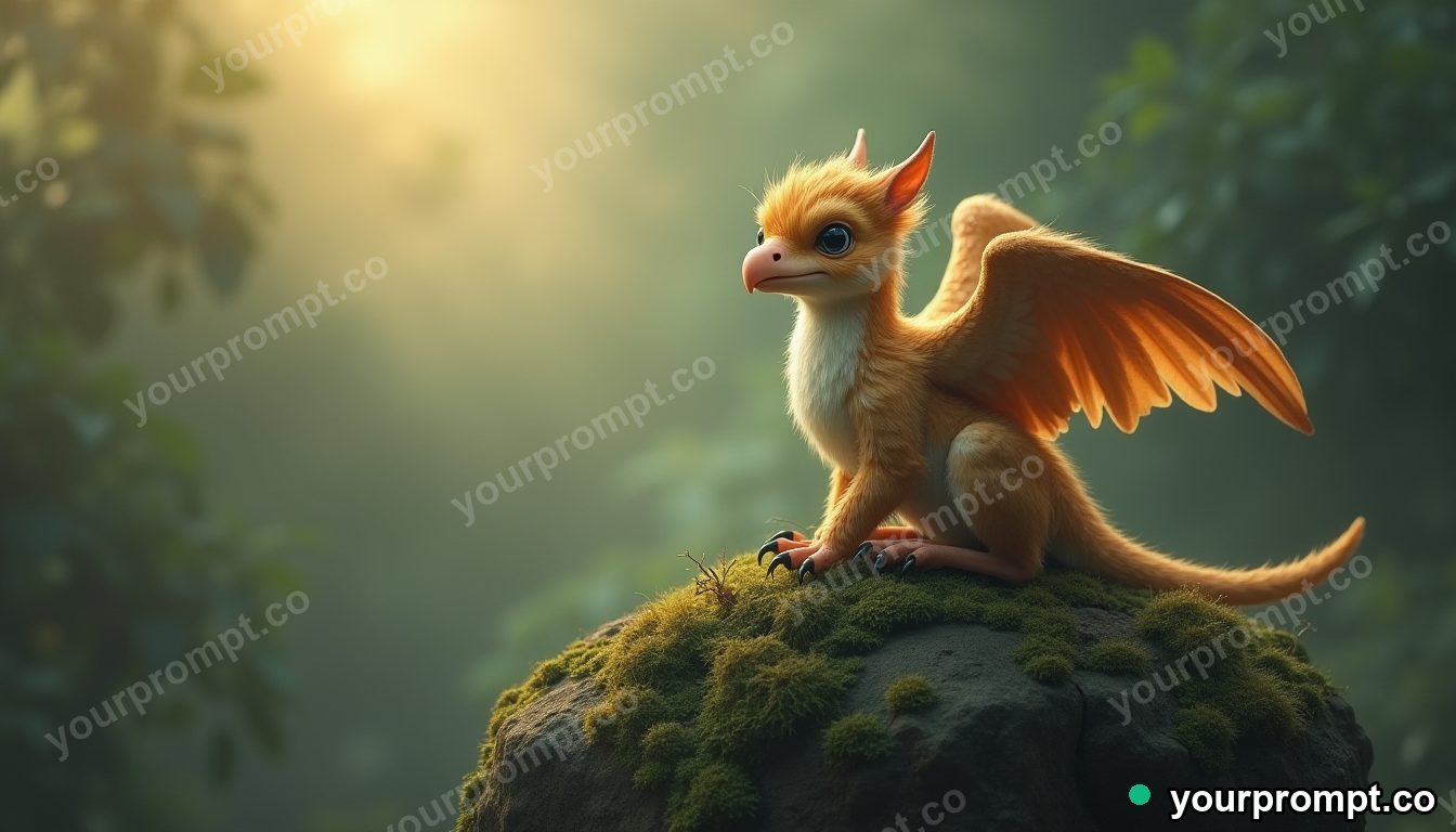 A baby griffin perched on a mossy boulder in warm storybook illustration style — AI-generated image from a text prompt
