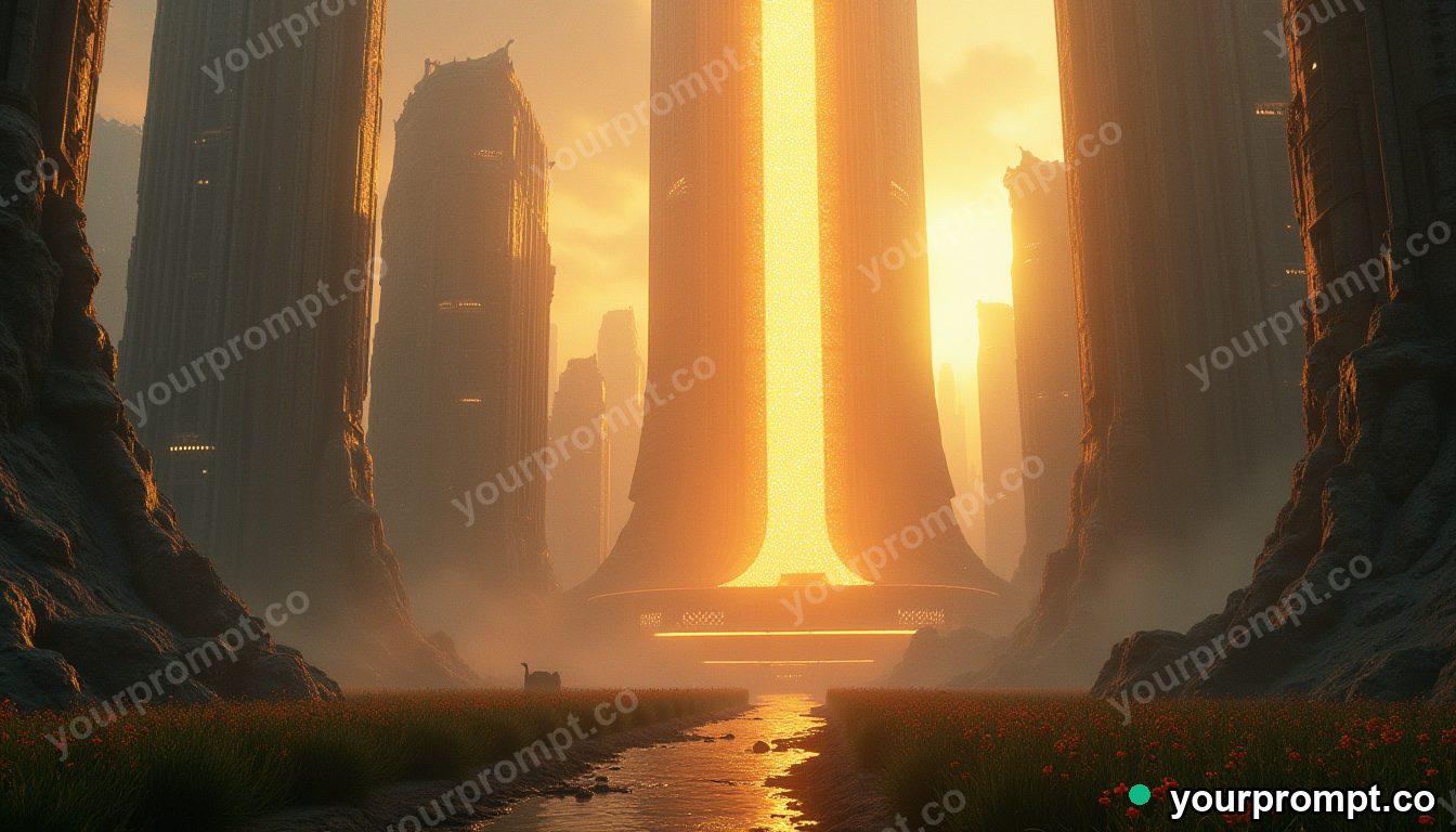 A vertical farm tower glowing inside a future city in epic fantasy concept art style — AI-generated image from a text prompt