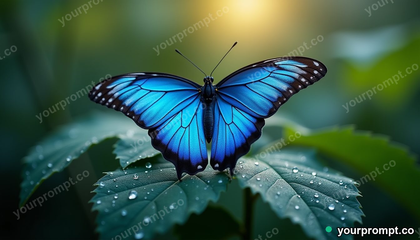 A blue morpho butterfly on a dewy leaf, macro in 3D octane render style — AI-generated image from a text prompt
