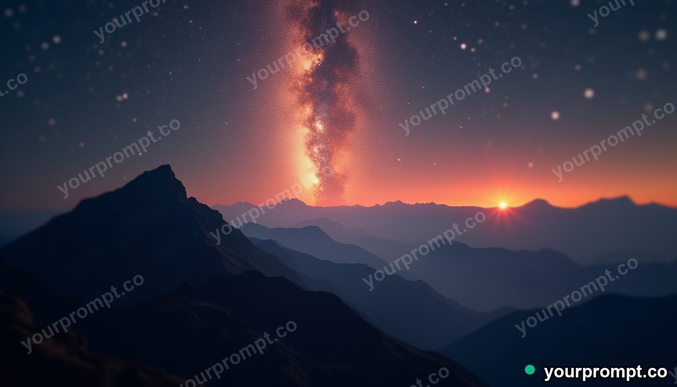 A meteor shower over a silhouetted mountain ridge in tilt-shift miniature style — AI-generated image from a text prompt