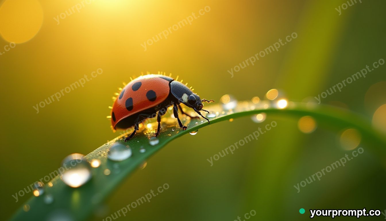A ladybug on a raindrop-covered blade of grass in golden-hour photography style — AI-generated image from a text prompt