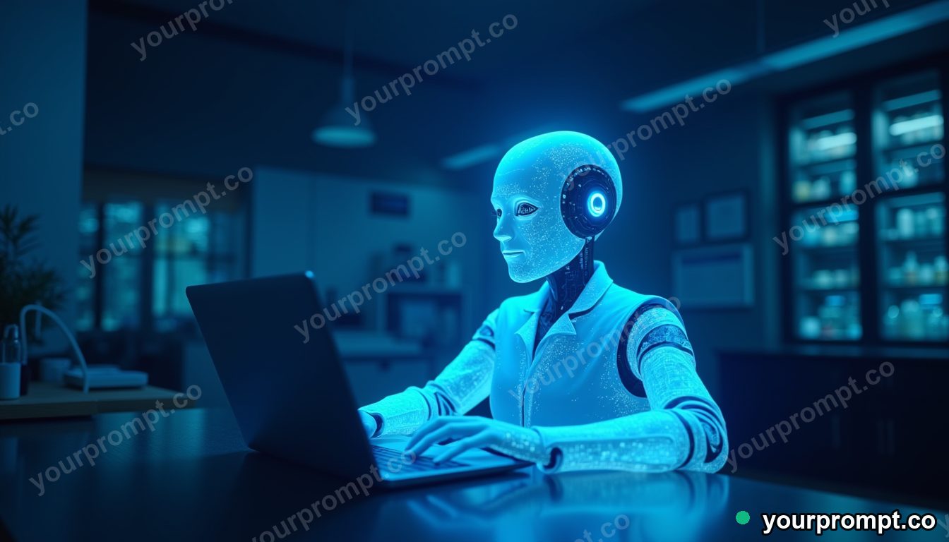 A holographic AI assistant glowing in a dark lab in bold pop-art style — AI-generated image from a text prompt