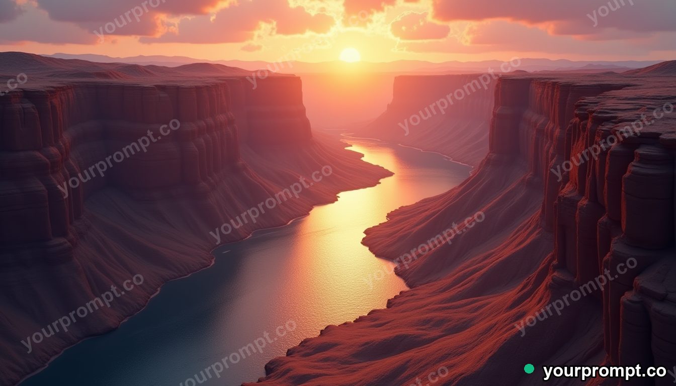 A canyon river bend glowing at golden hour in low-poly 3D style — AI-generated image from a text prompt