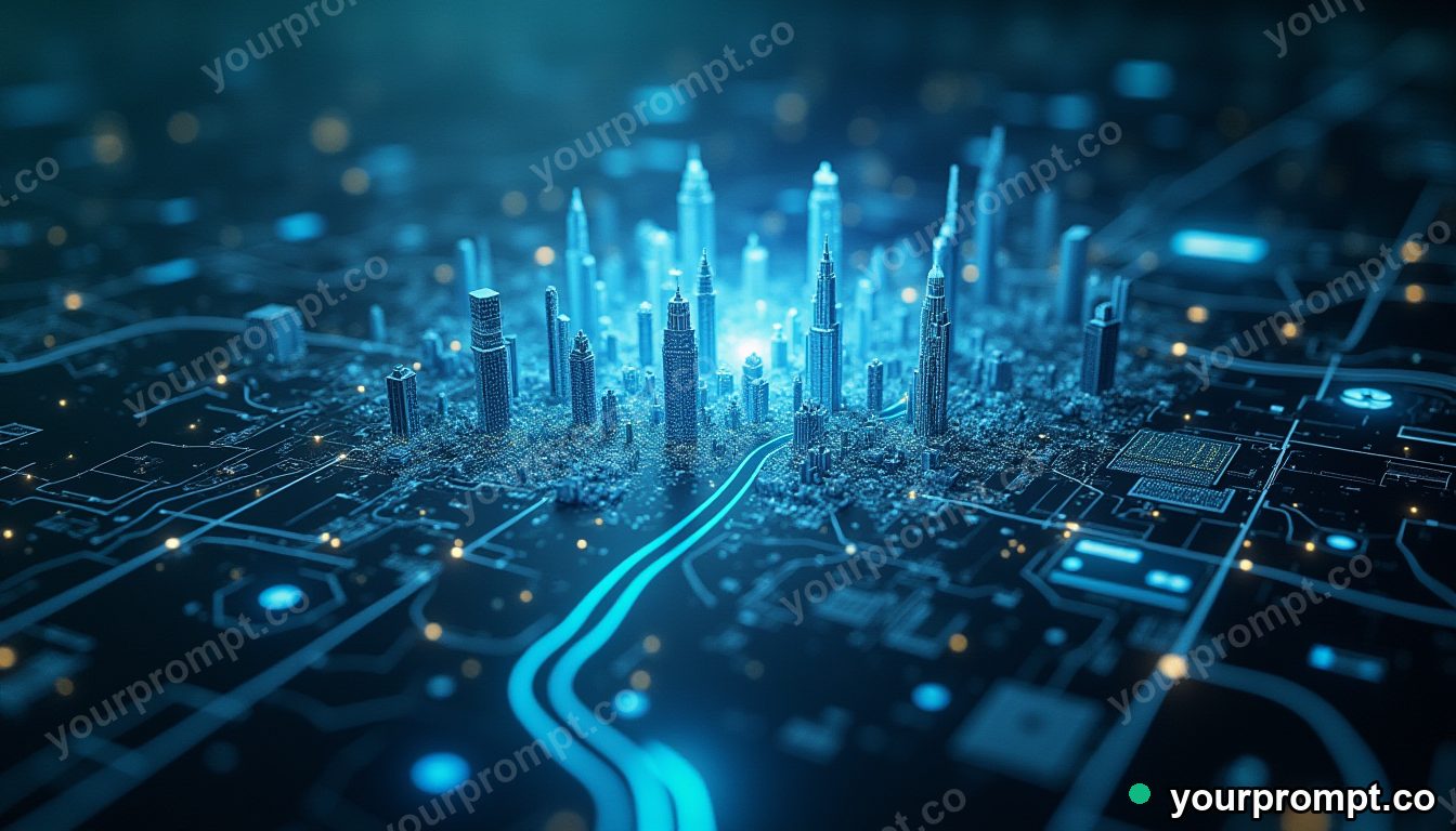 A holographic city map floating over a control room in extreme macro photography style — AI-generated image from a text prompt