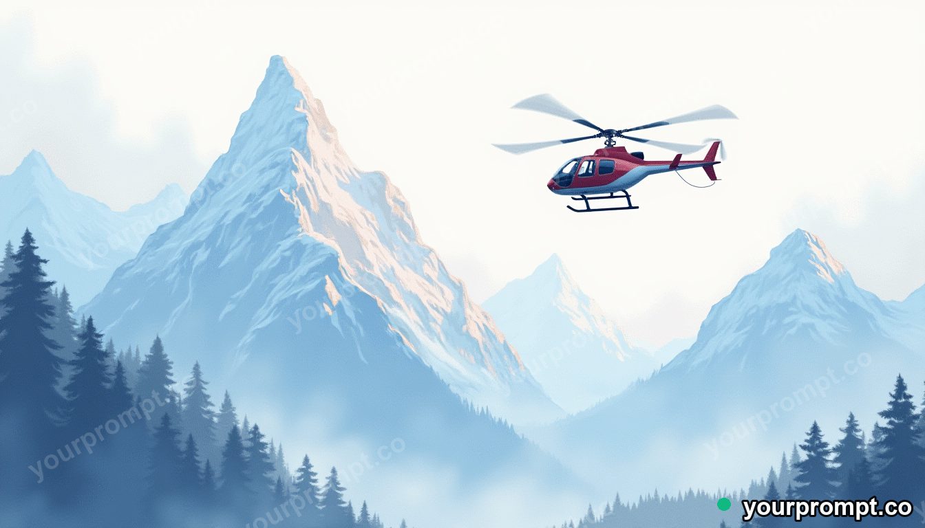 A rescue helicopter hovering above a mountain ridge in soft watercolor painting style — AI-generated image from a text prompt