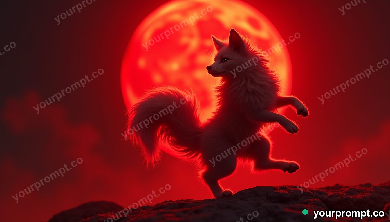 A kitsune dancing under a blood-red moon in extreme macro photography style — AI-generated image from a text prompt