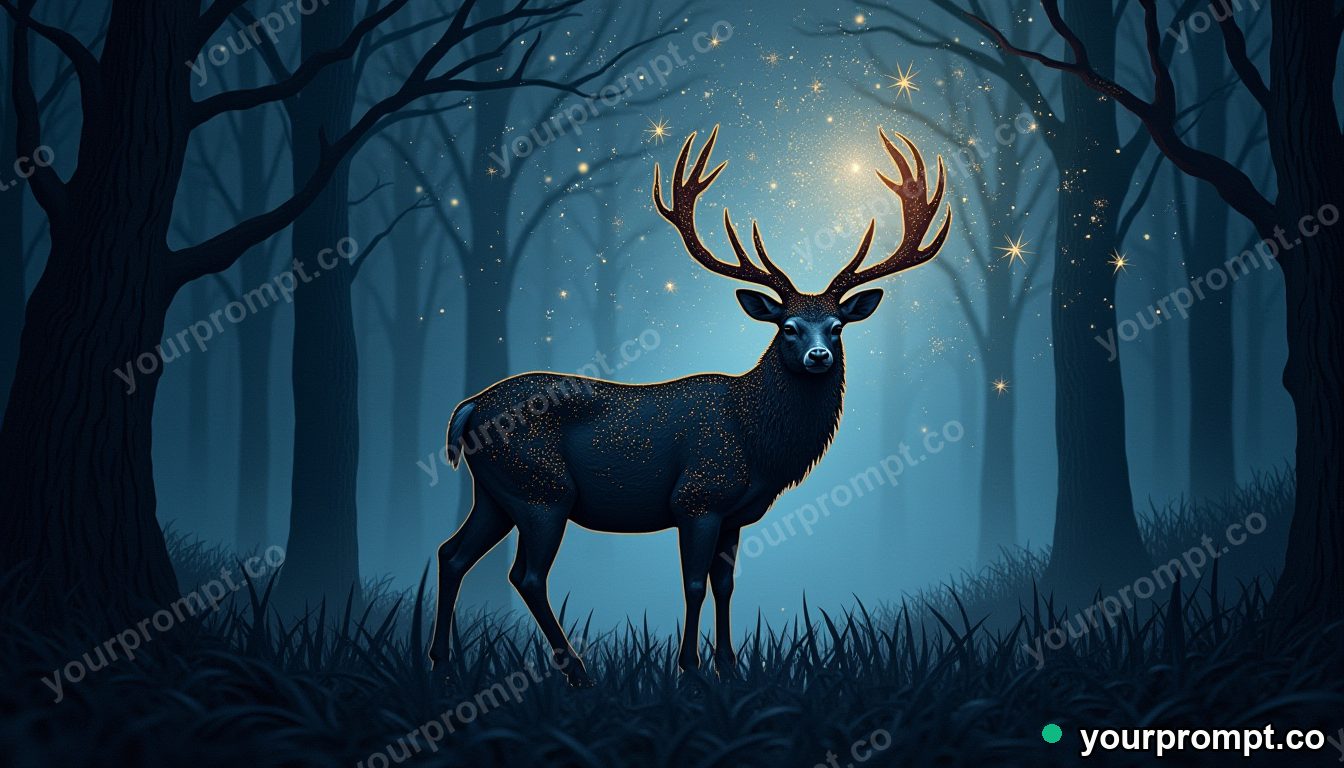 A celestial deer with antlers of starlight in a dark wood in layered papercut art style — AI-generated image from a text prompt