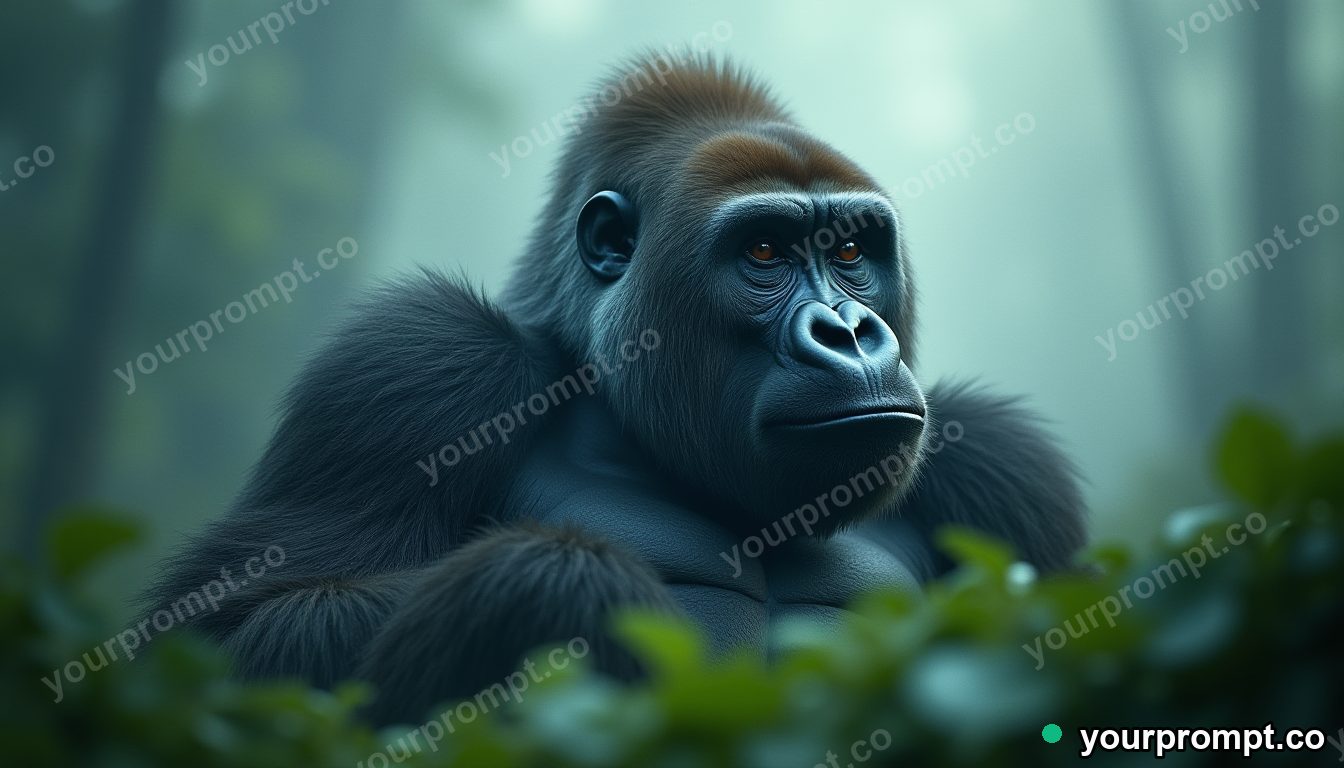 A mountain gorilla resting in misty jungle in double-exposure style — AI-generated image from a text prompt