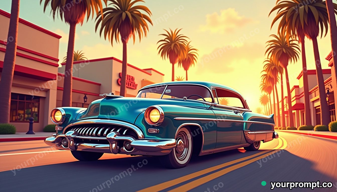 A chrome lowrider cruising a palm-lined boulevard in warm storybook illustration style — AI-generated image from a text prompt