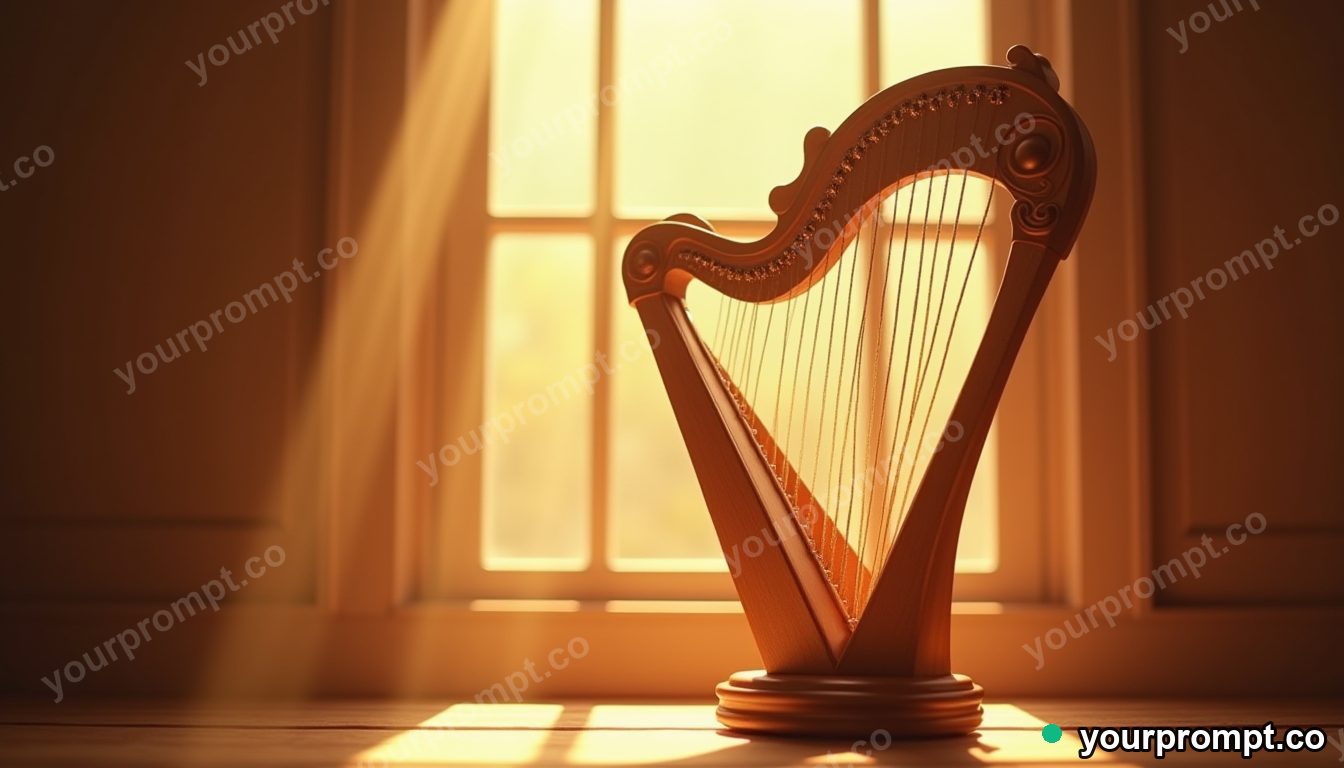 An ornate harp beside a sunlit window in claymation stop-motion style — AI-generated image from a text prompt